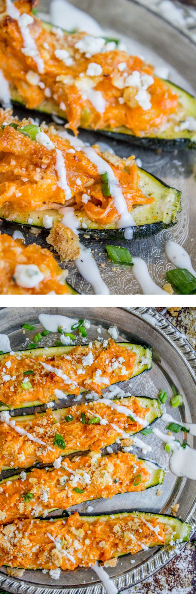 Buffalo Chicken Zucchini Boats from The Food Charlatan. These zucchini boats are...