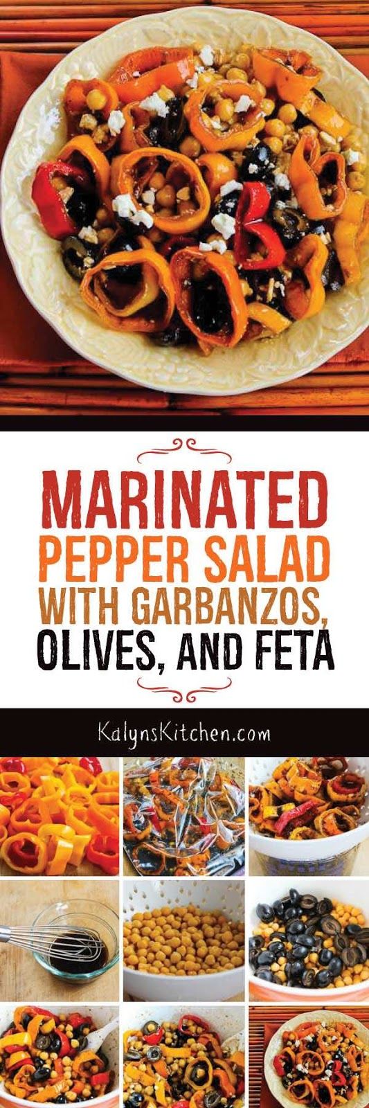 Marinated Pepper Salad with Garbanzos, Olives, and Feta is a delicious salad fo...