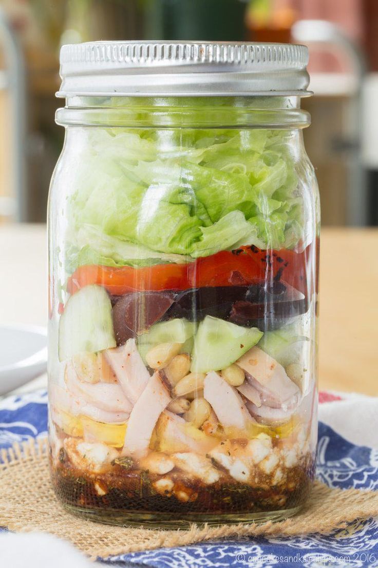 Mediterranean Turkey Mason Jar Salad - layer a simple salad dressing, feta chees...