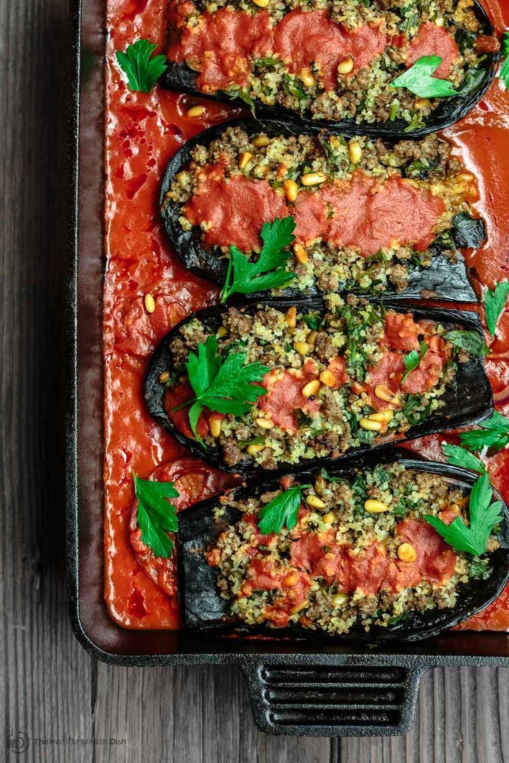 Stuffed Baby Eggplant with Spiced Ground Beef, Bulgur and Pine Nuts