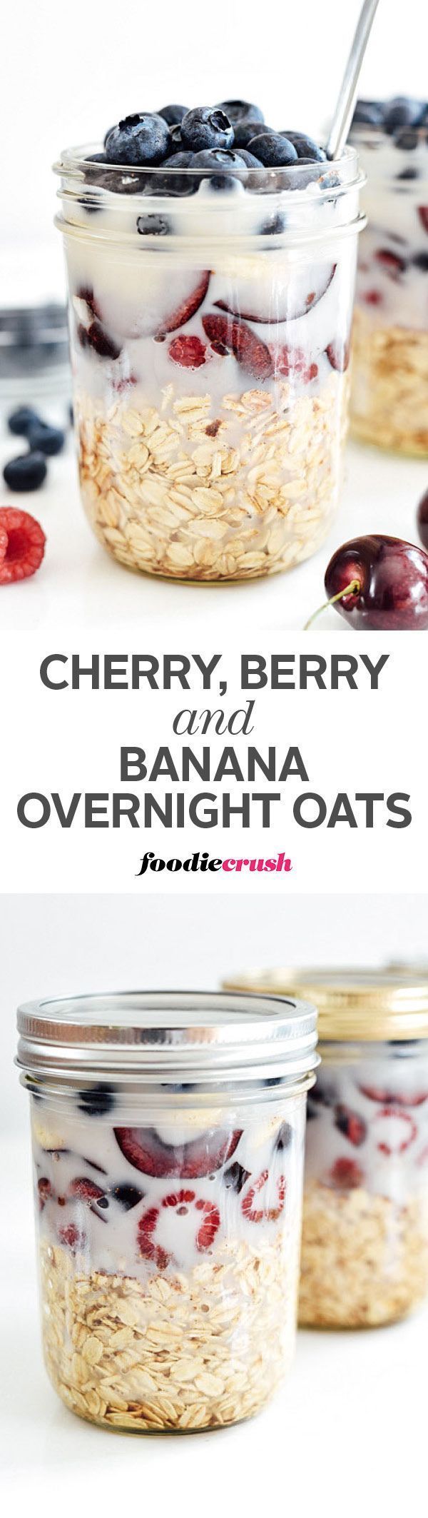 Oats, berries, cherries and banana soak in almond milk overnight in the refriger...